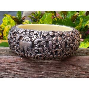 Vintage Sterling Silver & Bone Hand Crafted Tribal Repoussé Wide Bangle Bracelet